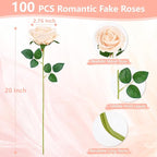 BLEUM CADE 100 Pcs Champagne Roses Artificial Flowers, Real Touch Velvet Roses Fake Flowers Bulk, Artificial Roses Bouquet with Long Stems Bridal DIY Wedding Party Centerpiece Decorations