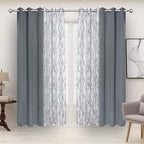 BONZER Mix and Match Curtains - 2 Pieces Branch Print Sheer Curtains and 2 Pieces Blackout Curtains for Bedroom Living Room Grommet Window Drapes, 37x63 Inch/Panel, Light Grey, Set of 4 Panels