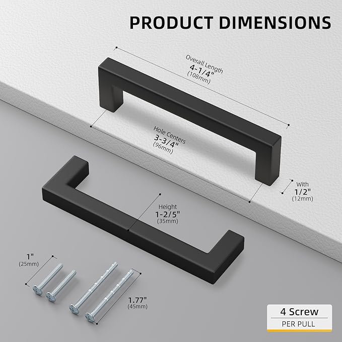 goldenwarm 30 Pack 3-3/4 Inch Black Cabinet Handles Matte Black Drawer Pulls Stainless Steel Cabinets Hardware Square Bar Modern for Kitchen Bathroom Cupboard