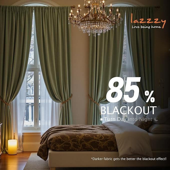 Lazzzy Velvet Blackout Curtains Thermal Insulated Room Window Drapes Super Soft Luxury Curtains for Living Room Bedroom Rod Pocket 2 Panels, Olive Sage, 42" W x 84" L