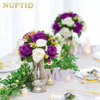 Pcs of 10 Fake Flower Ball Arrangement Bouquet,15 Heads Plastic Roses with Base, Suitable for Our Store's Wedding Centerpiece Flower Rack for Parties Valentine's Day Home Décor (Purple & White)