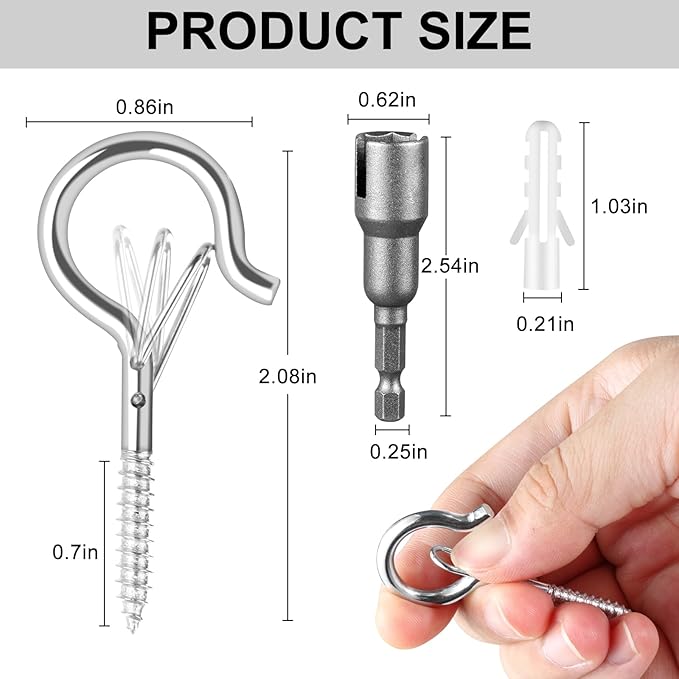 12 PCS Q-Hanger Hooks, Screw Hooks for Outdoor String Lights, Safety Buckle Design Cup Eye Hook for Hanging Christmas Lights, Plants, Wind Chimes, Mounted on Wall Ceiling, Windproof, Silver