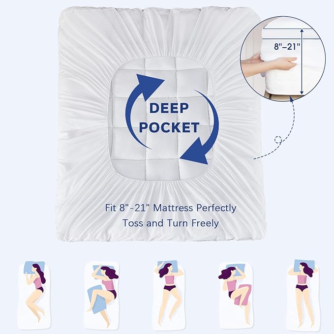 CYMULA California King Mattress Topper, Cooling Mattress Pad Cover, Extra Thick Pillow Top Mattress Topper with 8-21 Inch Elasticated Deep Pockets, Plush Down Alternative Fill Mattress Protector