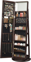 SONGMICS 360° Swivel Jewelry Cabinet, Lockable Jewelry Organizer with Full-Length Mirror, Rear Storage Shelves, Interior Mirror, Jewelry Armoire, Christmas Gifts for Women, Gift Idea, Brown UJJC006R01