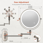 9" Wall Mounted Lighted Makeup Mirror,4000mAh Rechargeable Double Sided 1X/20X Magnifying Mirror with Light,Touch Dimmable,Extended Arm 360 Rotation Wall Mounted Makeup Mirror 3 Color Lights-N