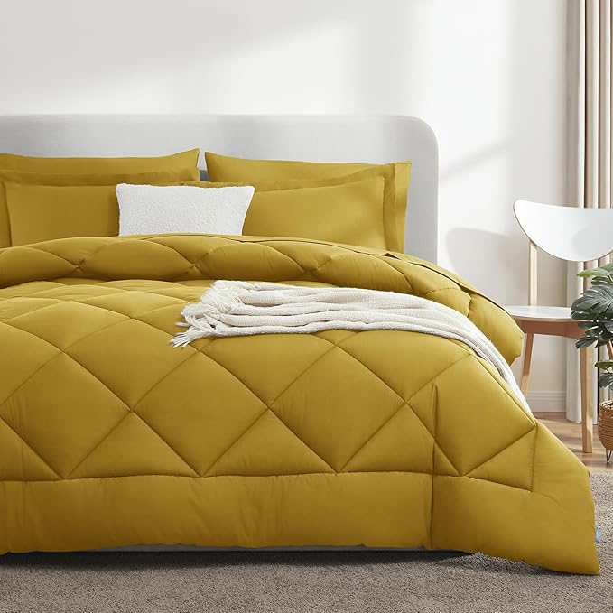 CozyLux Full Size Comforter Sets Mustard Yellow - 7 Pieces Bed in a Bag Full, Luxury Soft Bed Set for All Seasons, Bedding Set with Down Alternative Comforter, Sheets, Pillowcases & Shams