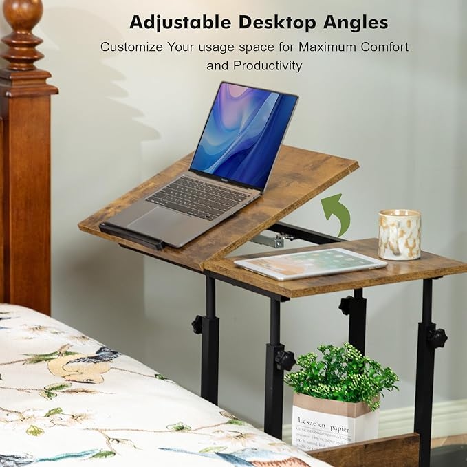 Hadulcet Adjustable C Table with Charging Station, Tiltable Desk C Shaped End Table for Couch, Over Bed Table with Wheels Adjustable Height, Hospital Table Laptop Stand Drawing Desk, Rustic Brown