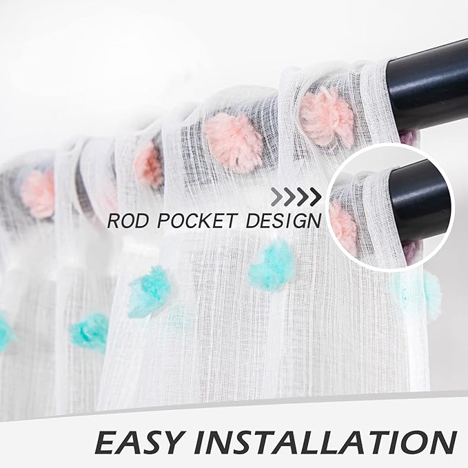 MYSKY HOME Rainbow Pom Pom Curtains for Living Room Light Filtering 90 Inch Long Bedroom Curtains for Nursery Girls Kids Room Rod Pocket Bohemian Voile Window Drapes 52 x 90 inch 2 Panels