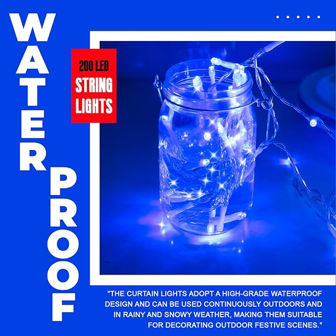 Curtain Light for Bedroom, 200LED 6.6x6.6ft Blue Window Wall Hanging Fairy Curtain String Light, 8 Modes Remote Fairy String Lights Indoor for Wedding Party Home Garden Decorations