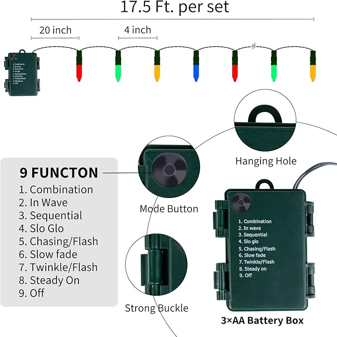 Brightown Christmas Lights 4 Pack 50 LEDs Battery Powered String Lights with Green Wire for Holiday Decorations, Tree Lights, Party, Xmas, Easter, Wedding, Patio, Home Decor, Indoor and Outdoor Use