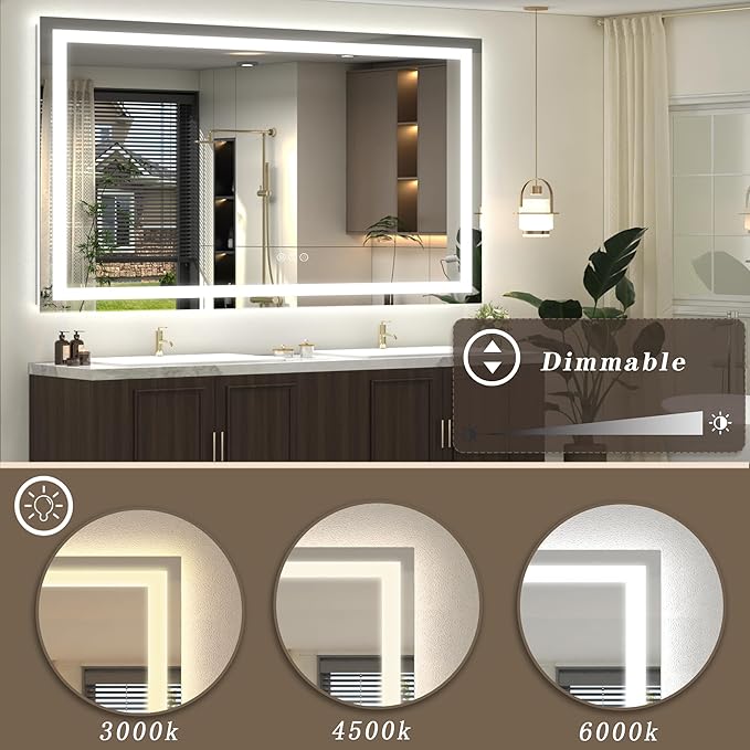 68x 36 Inch Lighted Bathroom Mirror for Wall, LED Illuminated Vanity Mirror with Lights, Dimmable, Anti-Fog, ETL Listed (Backlit and Front Lighted)