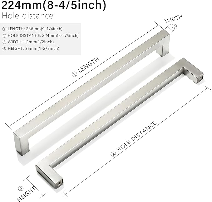 Cabinet Pulls Brushed Nickel Cabinet Handles Square Drawer Pulls, 10 Pack 8-4/5 Inch Stainless Steel Kitchen Door Cupboard Cabinet Handles, Cabinet Hardware Drawer Handles, 224mm Hole Centers
