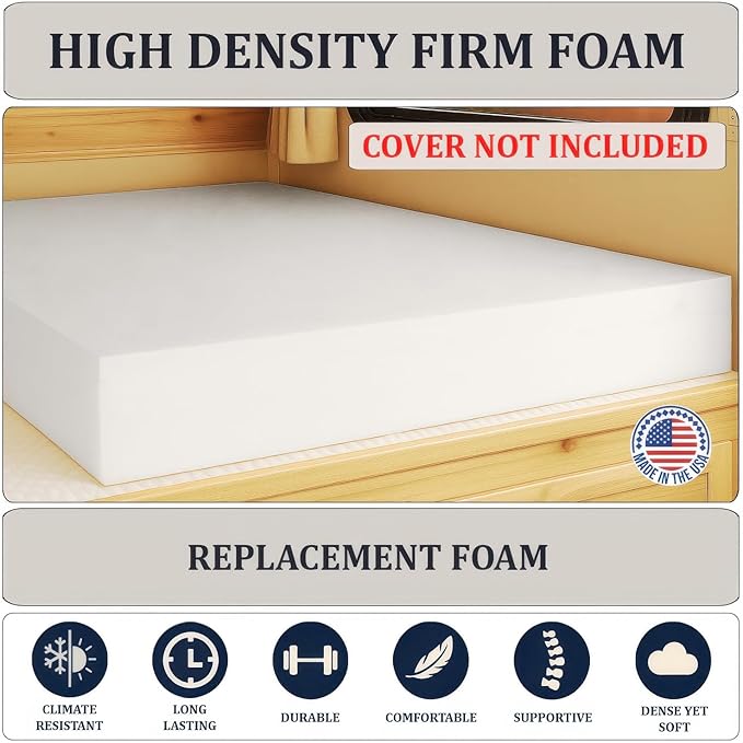 Foamma 4” x 48” x 80” Truck, Camper, RV High-Density Bunk Mattress Foam Replacement, Made in USA, Comfortable, Travel Trailer, CertiPUR-US Certified, Cover Not Included