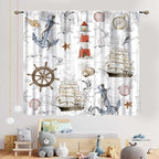 Nautical Kitchen Curtains, Vintage Marine Coastal Sailboat Compass Anchor Ocean Beach Lighthouse Watercolor Decorative Drapes for Bedroom Living Room Kitchen Bathroom Window 2 Panels Set, 42"x45" Inch