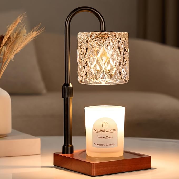 Hong-in Candle Warmer Lamp with Timer -Dimmable Adjustable Height Wax Melt Warmer for Jar Candles,Vintage Home Decor with Elegant Amber Glass,Birthday Gifts for Women, Mom, Friend