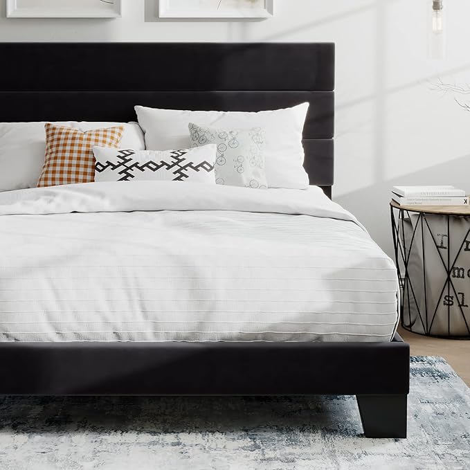 SHA CERLIN Full Platform Bed Frame with Velvet Upholstered Headboard, Mattress Foundation with Strong Wooden Slats Support, No Box Spring Needed, Black