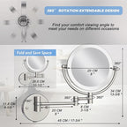 Makeup Mirror Wall Mounted with Lights and 10X Magnification, 8 Inches Rechargeable Double Sided Magnifying, Touch Dimmable Extended Arm 360 Rotation, Foldable Cosmetic Mirror Brushed Nickel