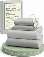 LANE LINEN 100% Organic Cotton Eco Friendly Full Size Sheet & Pillowcase Sets, 15" Deep Pocket Fully Elasticized Soft & Comfy Percale Bedding, Naturally Temperature Regulating Sheets Full- Silver