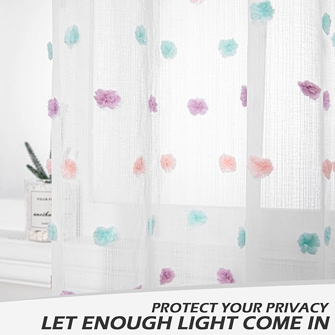 MYSKY HOME Curtains for Living Room 84 Inch Long Rainbow Pom Pom Curtains for Bedroom Sheer Curtains for Nursery Windows Rod Pocket Privacy Drapes Dining Room 38" x 84" 2 Panels
