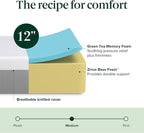 ZINUS 12 Inch Green Tea Essential Memory Foam Mattress [New Version], Queen, Fiberglass Free, Medium Feel, Breathable Airflow Memory Foam, Certified Safe Foams & Fabric, Mattress in A Box