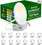 zouzai 12 Pack 6 Inch 6000k/5000k/4000k/3000k/2700k 5CCT Selectable Ultra-Thin LED Recessed Ceiling Light with Junction Box,12W Eqv 110W,Dimmable, led can Lights- ETL and Energy Star Certified