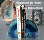 AMOYSTONE Agate Geode Bookends Heavy Duty Stone Book Ends Decorative Bookend Holder Home Office Decor with Rubber Bumpers Teal 1 Pair, 2-3 LBS