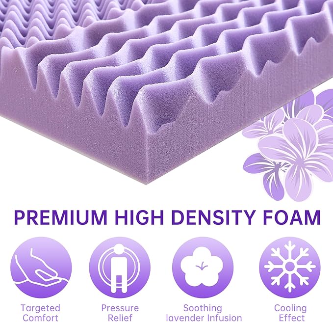 MUXHOMO 3.9 Inch 7-Zone Queen Mattress Topper, Egg Crate Foam Mattress Topper Queen Size for Back Pain, Lavender Cooling Gel Infused Bed Pad, CertiPUR-US and Oeko-TEX Certification (60"×80")