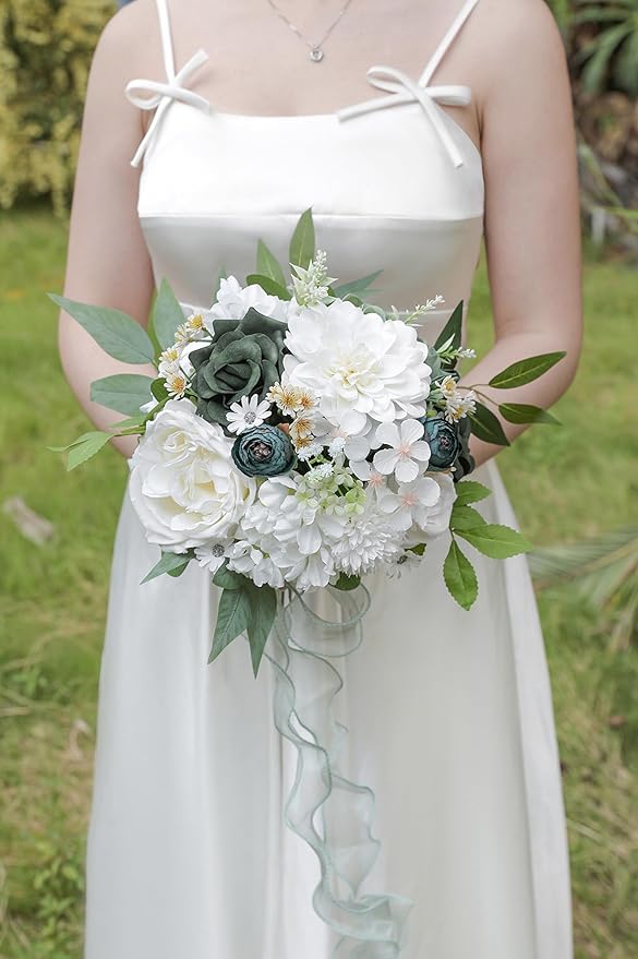 Forest Green Artificial Flowers Silk Fake Roses Peonies Greenery Combo Box Set for DIY Wedding Bouquets Bridal Shower Centerpieces Floral Arrangements Party Tables Home Decoration