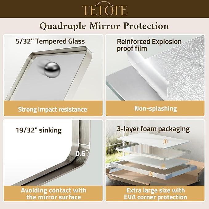 TETOTE Brushed Nickel Mirror 22 x 30 Brushed Nickel Metal Framed Bathroom Mirror, Tempered Glass, Modern Farmhouse Wall Mounted Mirror for Decorative(Horizontal/Vertical)