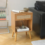 Mid Century Modern Nightstand, Rattan Bedside Table with Drawer and Open Shelf, Wood Nightstand Modern Side Table for Living Room, Bedroom and Small Space, Brown