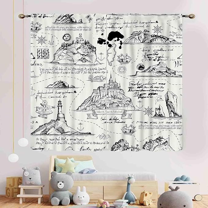 Vintage Nautical Curtains, Marine Coastal Sailboat Compass Anchor Ocean Beach Old Pirate Map Retro Window Drapery Treatments for Bedroom Living Room Kitchen Bathroom 2 Panels, 42"x45" Inch