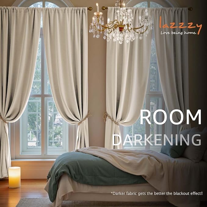 Lazzzy Velvet Blackout Curtains Thermal Insulated Room Window Drapes Super Soft Luxury Curtains for Living Room Bedroom Rod Pocket 2 Panels, Beige, 52" W x 96" L