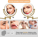 8" Make up Mirror Wall Mounted Lighted 10X Magnifying Hard Wired, Double Sides 3 Color Lighting Touch Dimming, 360 Swivel Extended Arm Shaving Light up Mirror for Bathroom, Brushed Moderne Brass