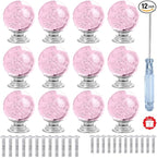 12 Pcs 30mm Round Shape Bubble Crystal Glass Cabinet Knobs with Screws Drawer Knob Pull Handle Used for Kitchen, Dresser, Door, Cupboard (Pink)