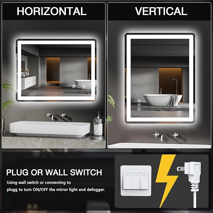 24x32 LED Mirror for Bathroom, Rounded Rectangle Mirror with Backlit + Front Lit, Bathroom Mirror with Lights, Anti-Fog, Dimmable, Lighted Vanity Mirror Tempered Glass(Horizontal/Vertical)