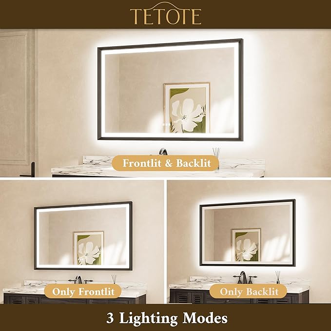 TETOTE Black LED Bathroom Mirror with Lights 42x36 Front & Back Light Vanity Framed Mirror Baroque Anti Fog Dimmable White/Warm/Natural,CRI90+,Waterproof,Wall Mounted(Horizontal/Vertical)