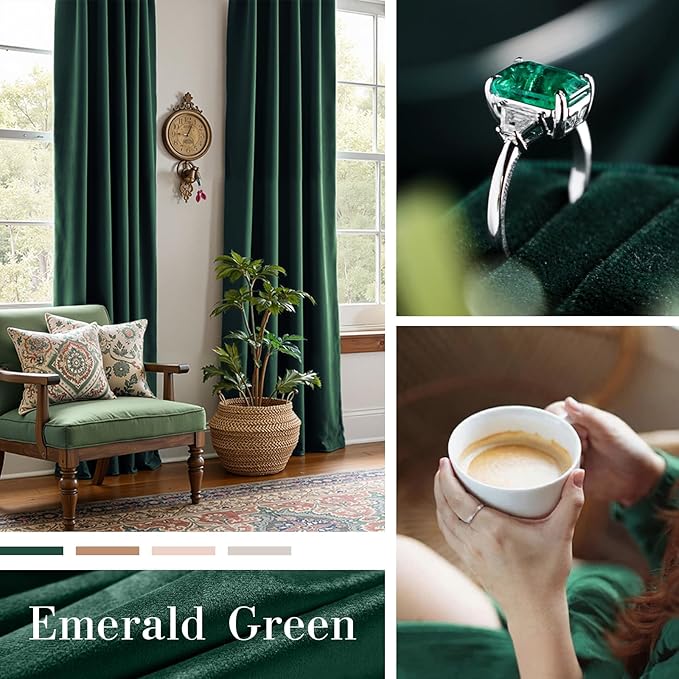 Lazzzy Velvet Blackout Curtains Thermal Insulated Room Window Drapes Super Soft Luxury Curtains for Living Room Bedroom Rod Pocket 2 Panels, Emerald Green, 62" W x 120" L