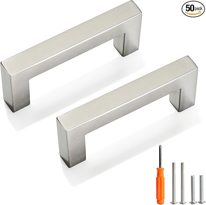 Cabinet Pulls Brushed Nickel Cabinet Handles Square Drawer Pulls, 50 Pack 3 Inch Stainless Steel Kitchen Door Cupboard Cabinet Handles, Cabinet Hardware Drawer Handles, 76mm Hole Centers