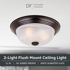 DESIGNERS FOUNTAIN Reedley 2-Lights Flush Mount Ceiling Light, 11 Inch Lighting Fixture for Kitchen, Bedroom, Bathroom, and Hallway, White Alabaster Glass, Oil Rubbed Bronze, 1257S-ORB-AL