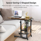Hadulcet C Shaped Side Table Adjustable, Height Adjustable C Table with Wheels and Storage Shelves for Couch Bed Recliner Rustic Brown