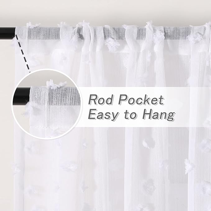 MYSKY HOME Pom Pom White Sheer Curtains for Bedroom Girls Room Curtains 72 Inches Long for Nursery Kids Light Filtering Boho Window Drapes, Rod Pocket, 38" Wide, 2 Panels