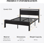 SHA CERLIN 14 Inch Queen Size Metal Platform Bed Frame with Wooden Headboard and Footboard, Mattress Foundation, No Box Spring Needed, Large Under Bed Storage, Non-Slip Without Noise, Black Oak
