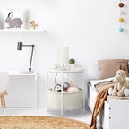 danpinera Round Side Table with Fabric Storage Basket, Metal Side Table Small Bedside Nightstand with Removable Tray Top for Living Room, Bedroom, Nursery, Laundry, White