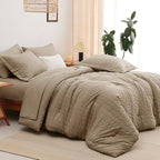 CozyLux Full Size Comforter Sets with Sheets Seersucker 7 Pieces Taupe Bed in a Bag Textured Luxury Soft Bedding Set with Down Alternative Comforter, Sheets, Pillowcases & Shams for All Seasons