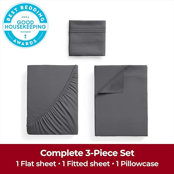 Mellanni Twin XL Sheets Set - 3 PC Iconic Collection Bedding - Hotel Luxury, Extra Soft, Cooling Bed Sheets - Wrinkle, Fade, Stain Resistant (Twin Extra Long, Gray)