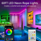 60FT Neon Rope Lights,Flexible Led Rope Light Control with App/Remote,Multiple Modes,Music Sync,IP65 Outdoor RGB Led Strip Lights Waterproof