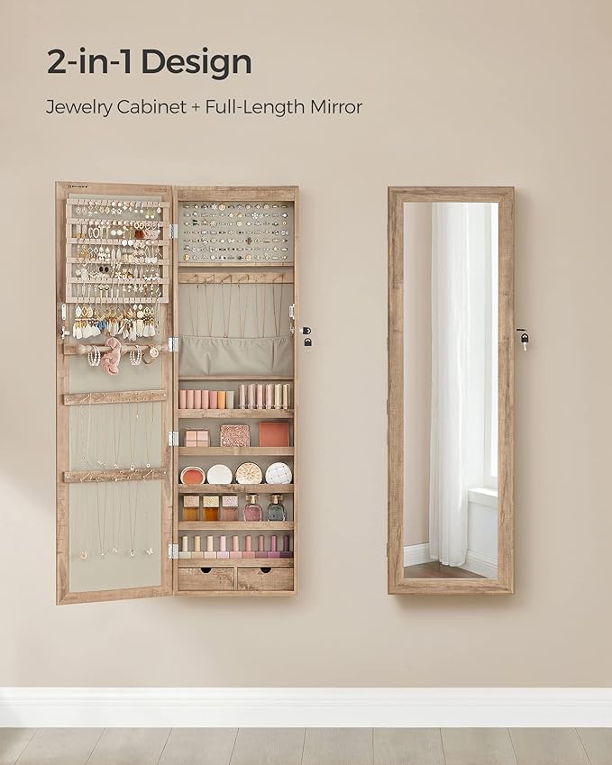 SONGMICS 6 LEDs Mirror Jewelry Cabinet, 47.2-Inch Tall Lockable Wall or Door Mounted Jewelry Armoire Organizer with Mirror, 2 Drawers, Christmas Gift, 3.9 x 14.6 x 47.2 Inches, Toasted Oak Color