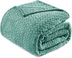Exclusivo Mezcla Fleece Queen Size Blanket for Bed, 90x90 Inches Soft Cozy Jacquard Flannel Blankets, Lightweight Fuzzy Plush Warm for Winter, Celadon
