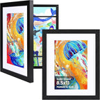 KINLINK 8.5x11 Kids Art Frames Set of 2, Solid Wood Kids Artwork Frames Changeable with Acrylic Front Opening Holds 150 Pictures, Art Frame for Kids Artwork with Mat or without Mat, Black
