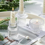 Clear Candlestick Holders 12PCS Ribbed Glass Taper Candle Holders for Tealight Stick Candles Table Centerpieces Thanksgiving Christmas Indoor and Outdoor Decorations